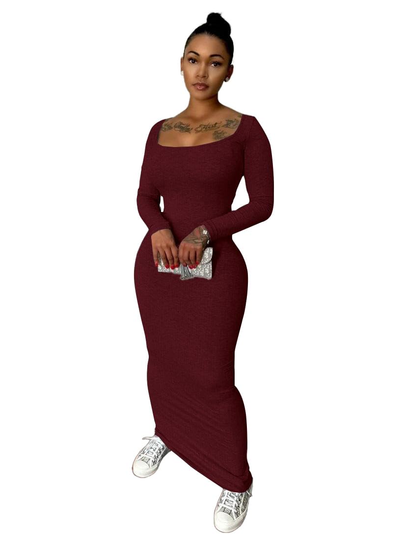 Nimsruc Sexy Crew Neck Lounge Long Dress Fitted Long Sleeve Ribbed Bodycon Maxi Dresses for Women 2024