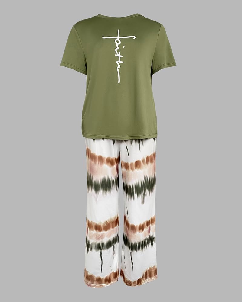CHICME Womens Pajamas Sets 2 Piece Short Sleeve Lounge Set Printed Loose Pants Pj Sets Loungewear Set