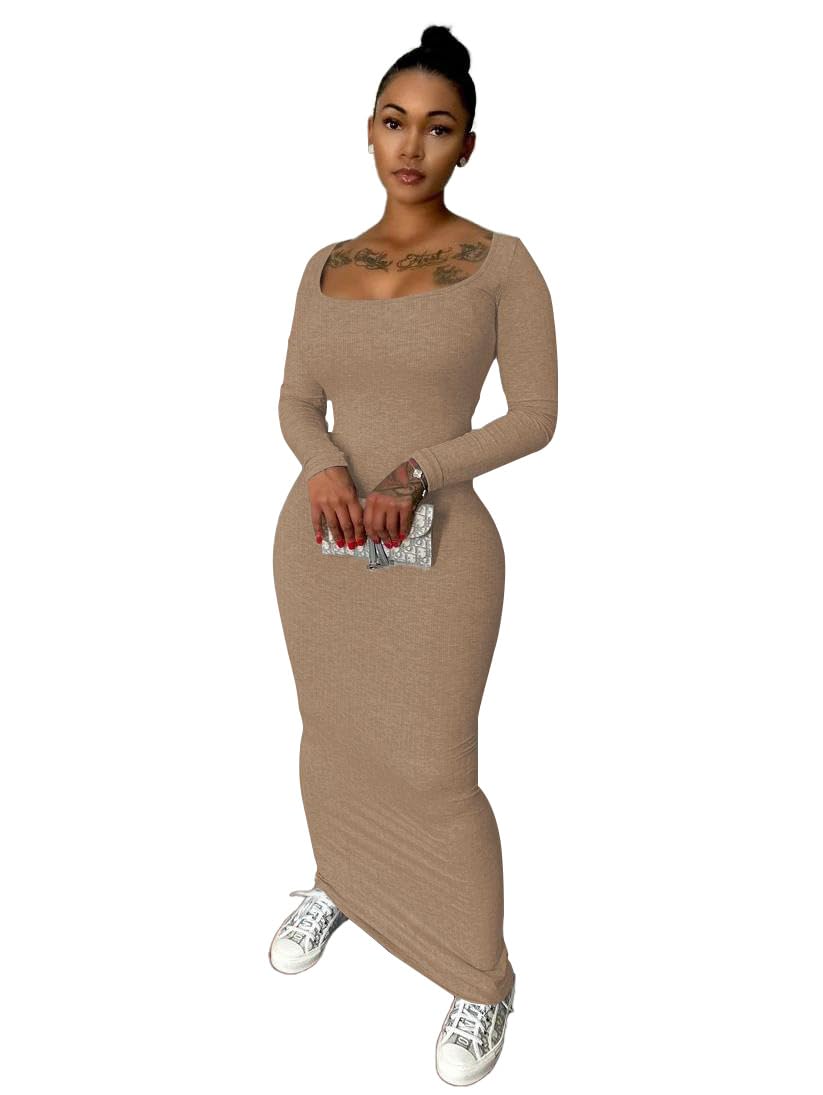 Nimsruc Sexy Crew Neck Lounge Long Dress Fitted Long Sleeve Ribbed Bodycon Maxi Dresses for Women 2024