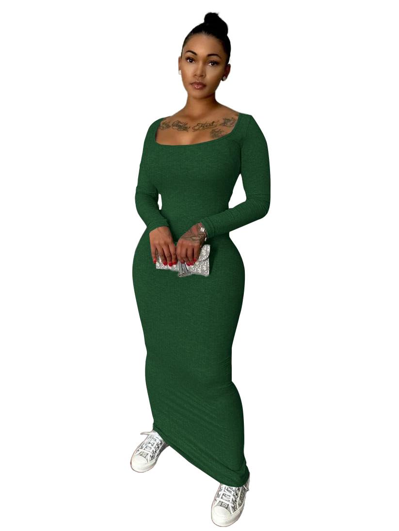 Nimsruc Sexy Crew Neck Lounge Long Dress Fitted Long Sleeve Ribbed Bodycon Maxi Dresses for Women 2024
