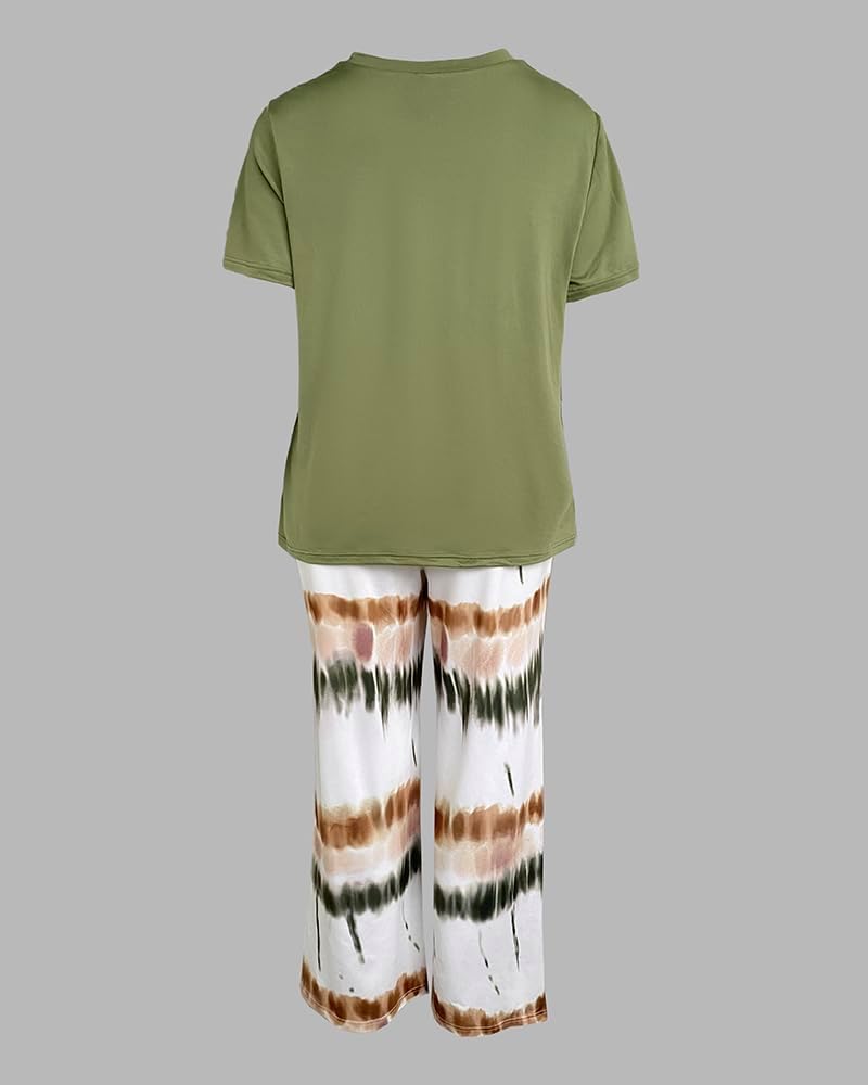 CHICME Womens Pajamas Sets 2 Piece Short Sleeve Lounge Set Printed Loose Pants Pj Sets Loungewear Set