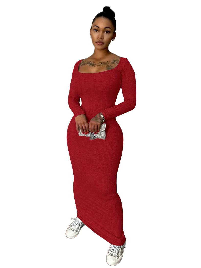 Nimsruc Sexy Crew Neck Lounge Long Dress Fitted Long Sleeve Ribbed Bodycon Maxi Dresses for Women 2024