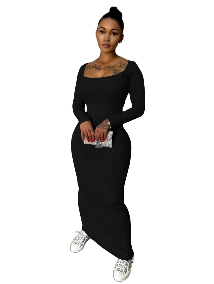 Nimsruc Sexy Crew Neck Lounge Long Dress Fitted Long Sleeve Ribbed Bodycon Maxi Dresses for Women 2024