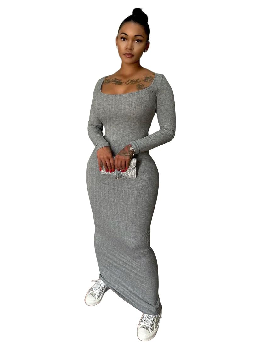 Nimsruc Sexy Crew Neck Lounge Long Dress Fitted Long Sleeve Ribbed Bodycon Maxi Dresses for Women 2024