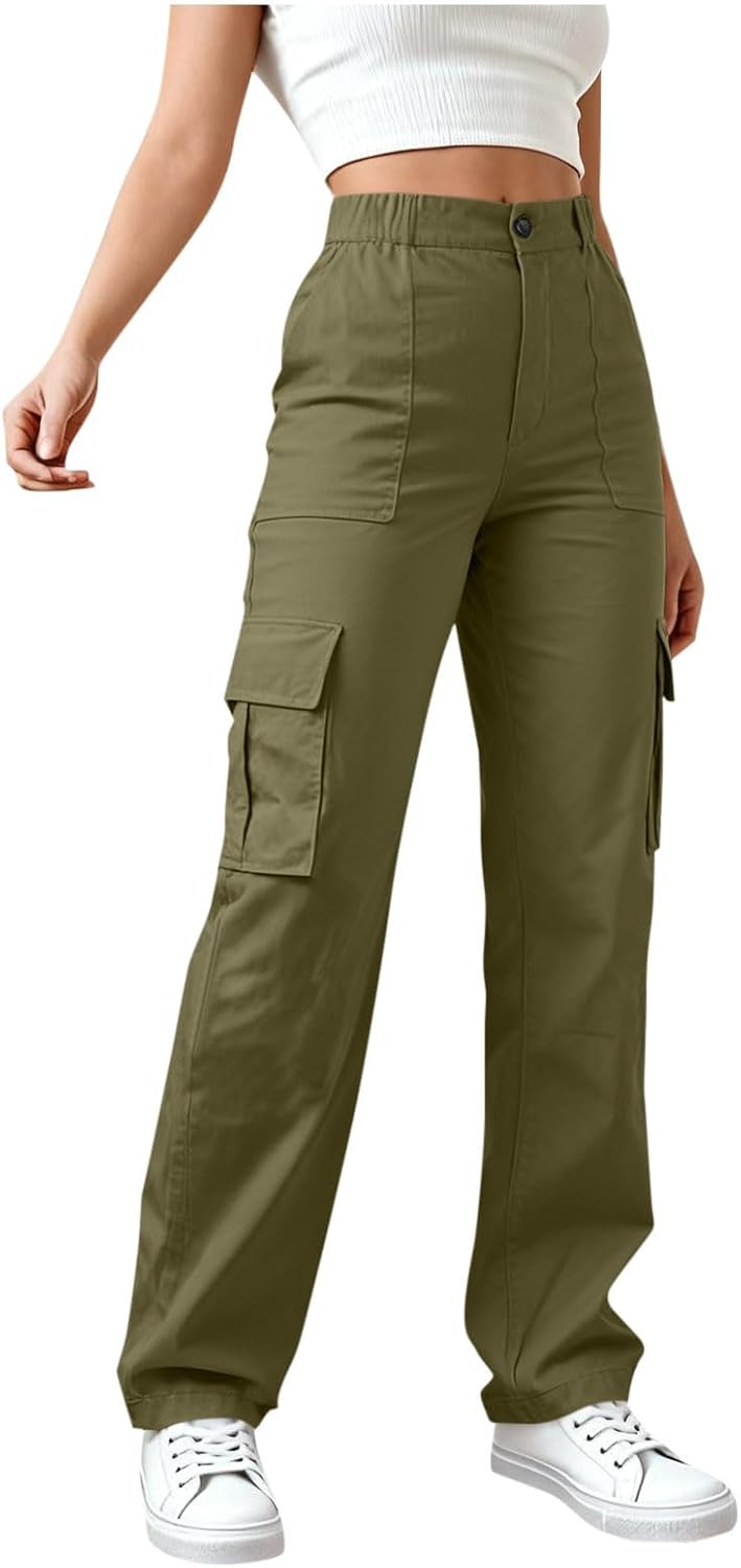 Cargo Pants Women Elastic High Waist Travel Pants Wide Leg Baggy Casual Trousers Hiking Streetwear with Multi Pockets