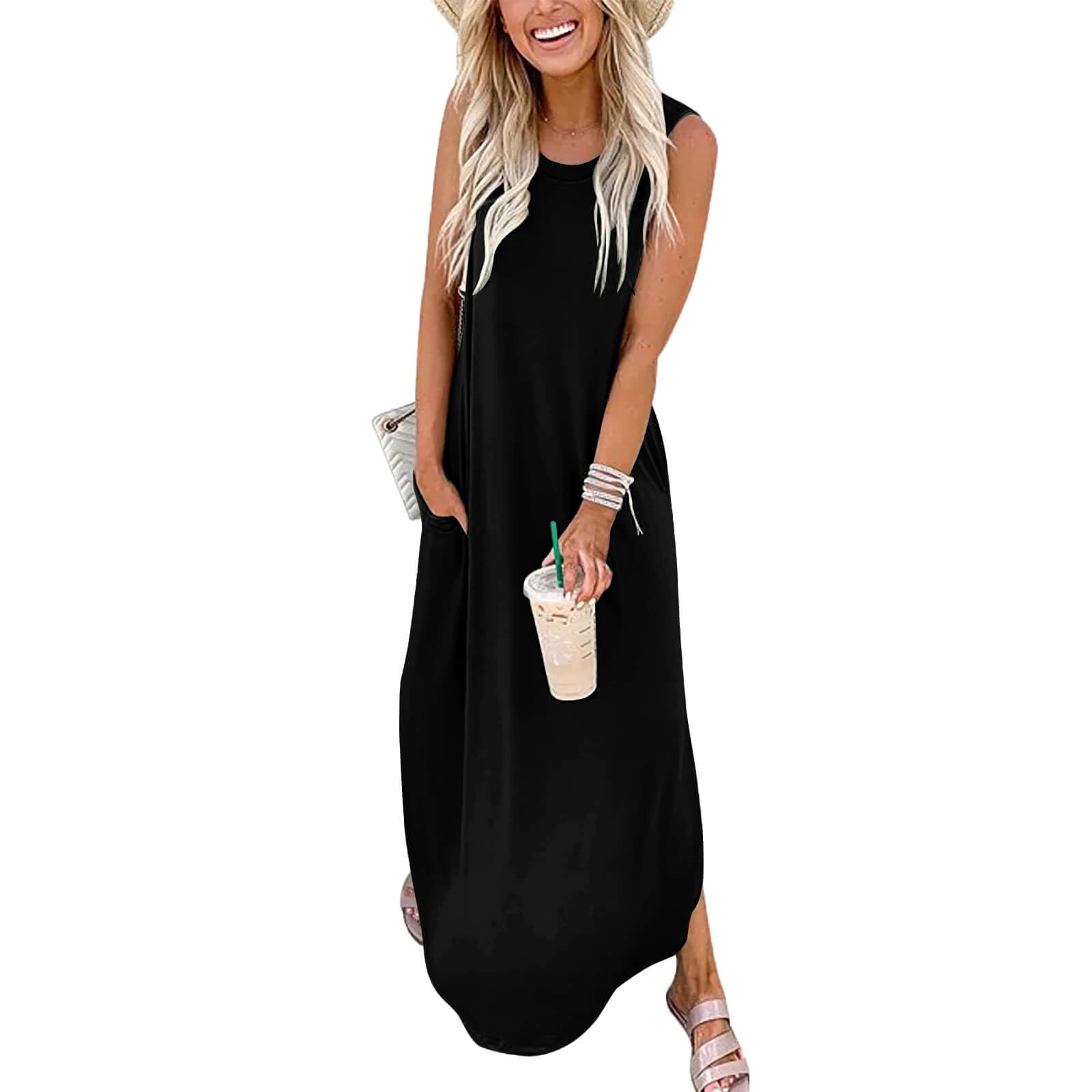 FANDEE Women's Casual Summer Loose Sunresses Long Dresses Sleeveless Split Maxi Beach Dress with Pockets
