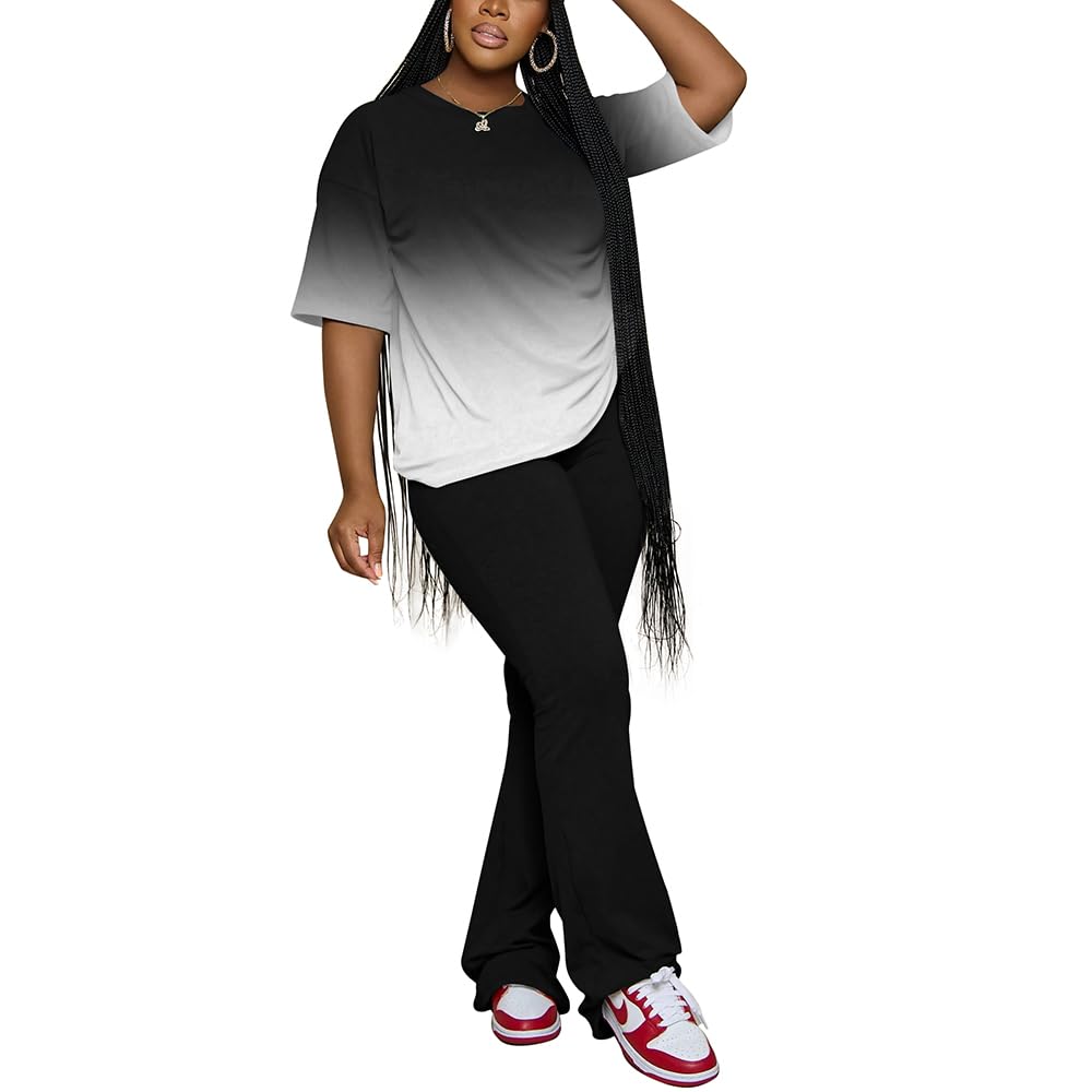 PINSV Women 2 Piece Outfits Short Sleeve Top and Flare Pants Lounge Sets Tracksuit