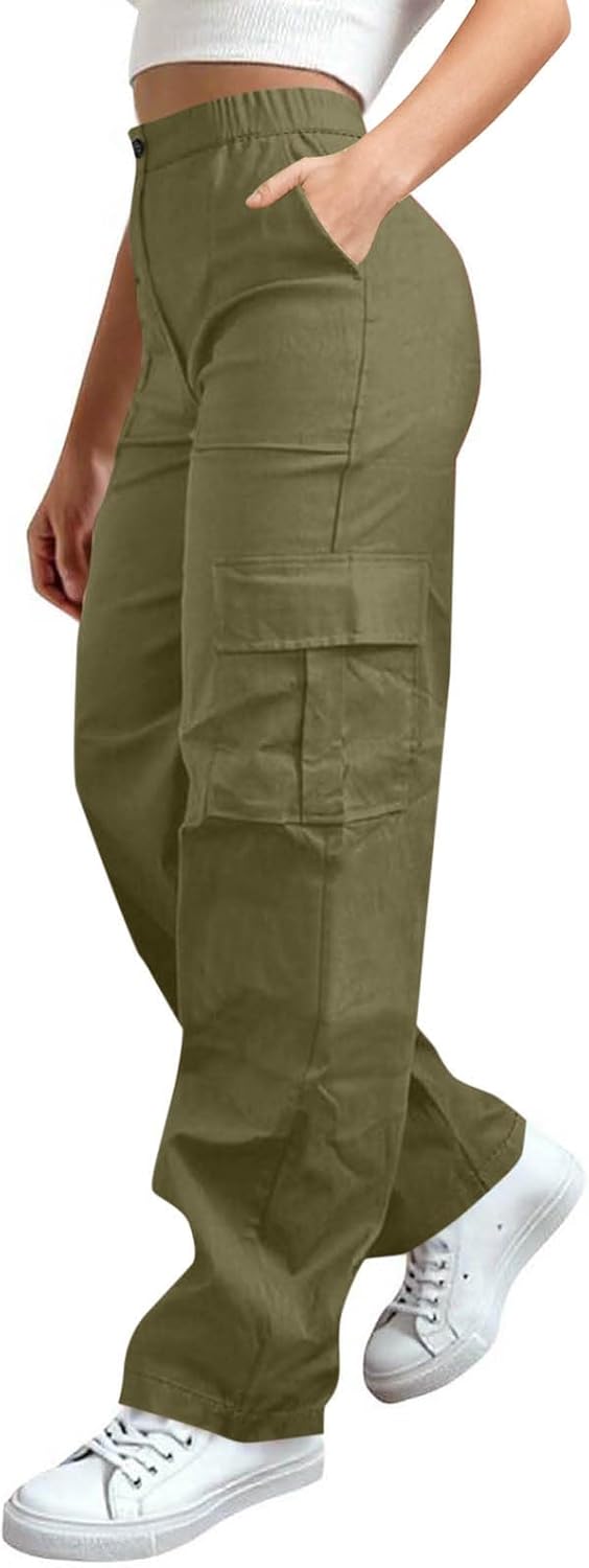 Cargo Pants Women Elastic High Waist Travel Pants Wide Leg Baggy Casual Trousers Hiking Streetwear with Multi Pockets