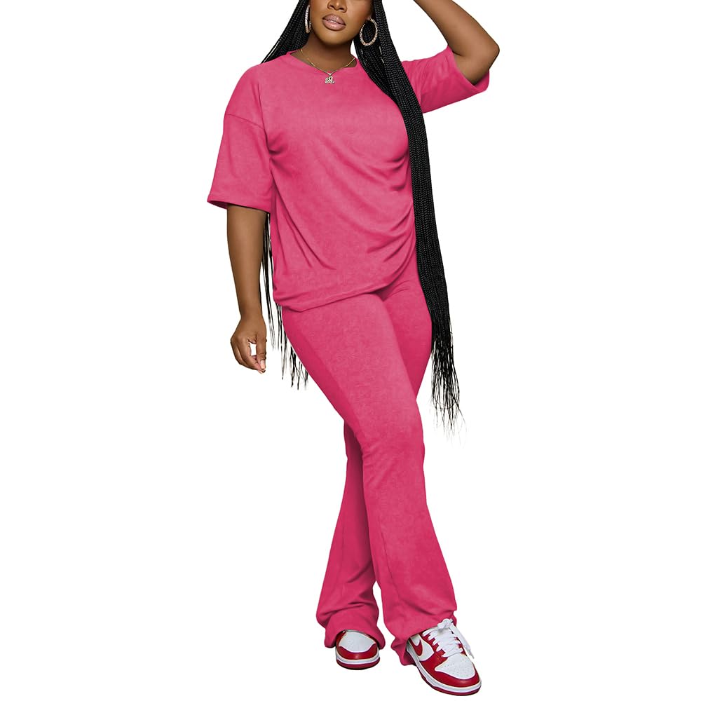 PINSV Women 2 Piece Outfits Short Sleeve Top and Flare Pants Lounge Sets Tracksuit