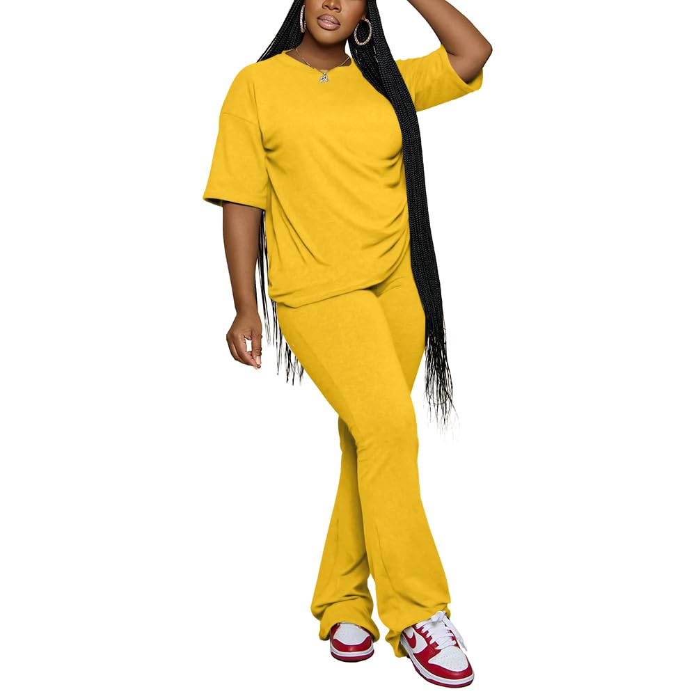 PINSV Women 2 Piece Outfits Short Sleeve Top and Flare Pants Lounge Sets Tracksuit