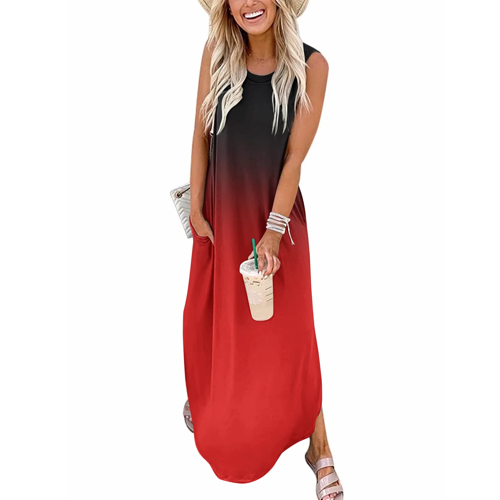 FANDEE Women's Casual Summer Loose Sunresses Long Dresses Sleeveless Split Maxi Beach Dress with Pockets