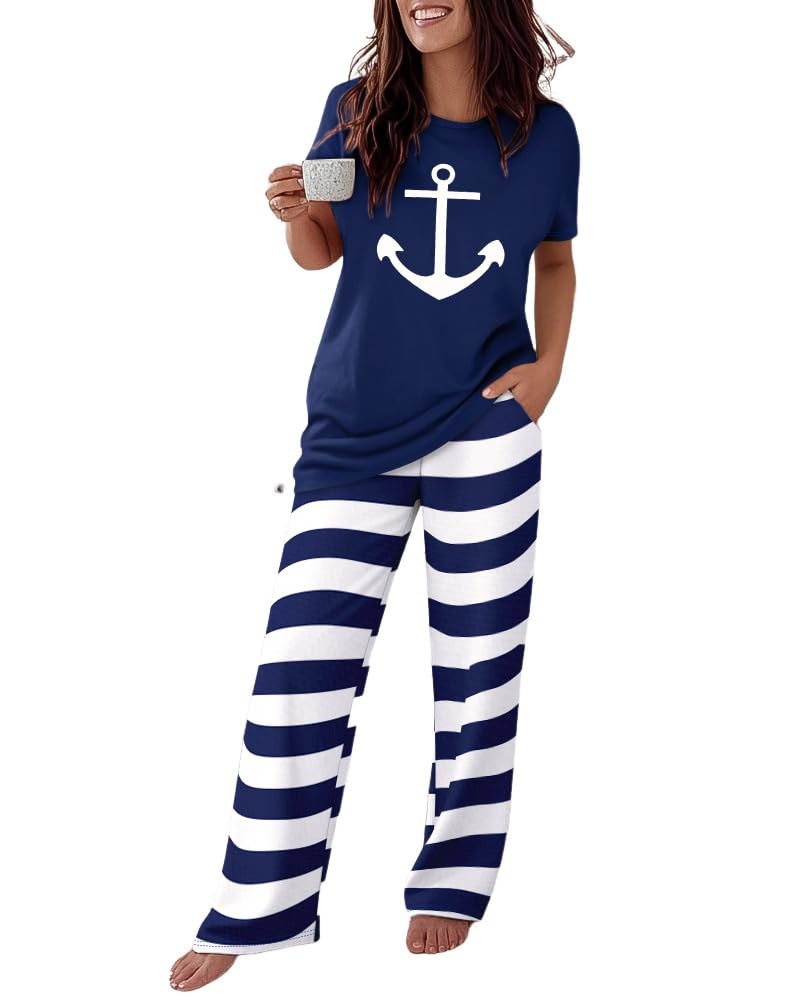 CHICME Womens Pajamas Sets 2 Piece Short Sleeve Lounge Set Printed Loose Pants Pj Sets Loungewear Set