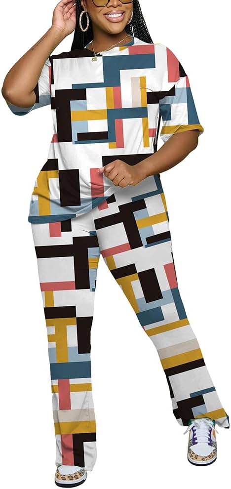 PINSV Women 2 Piece Outfits Short Sleeve Top and Flare Pants Lounge Sets Tracksuit