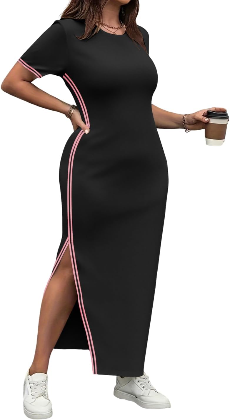 HBQ Women's Bodycon Maxi Dress Short Sleeve Side Slit Casual Dress Sporty Stripe Trim Long Dresses