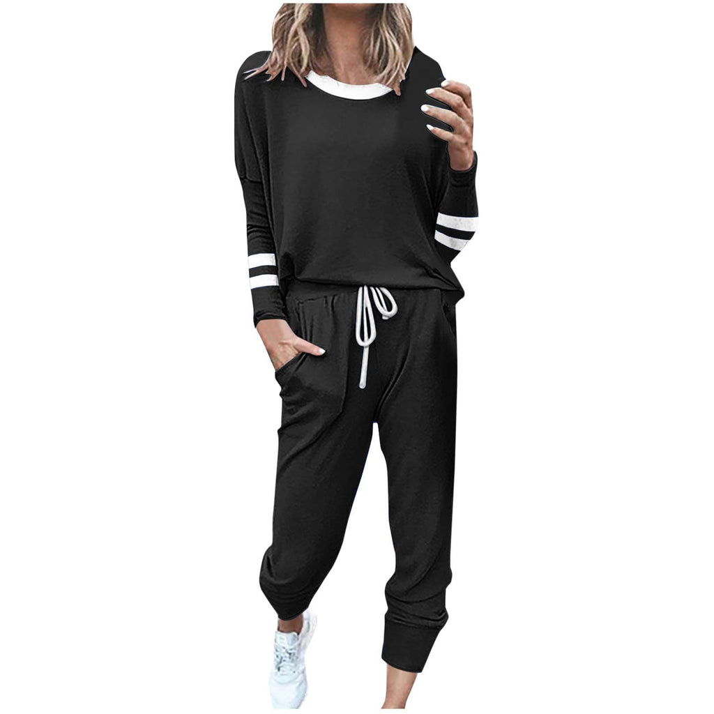 2 Piece Sweat Sets for Women Fall Outfits Long Sleeve Striped Tunic Tops Wide Leg Sweatpants Casual Lounge Sets