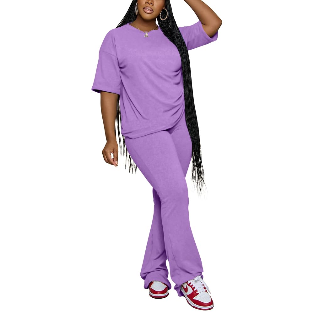 PINSV Women 2 Piece Outfits Short Sleeve Top and Flare Pants Lounge Sets Tracksuit