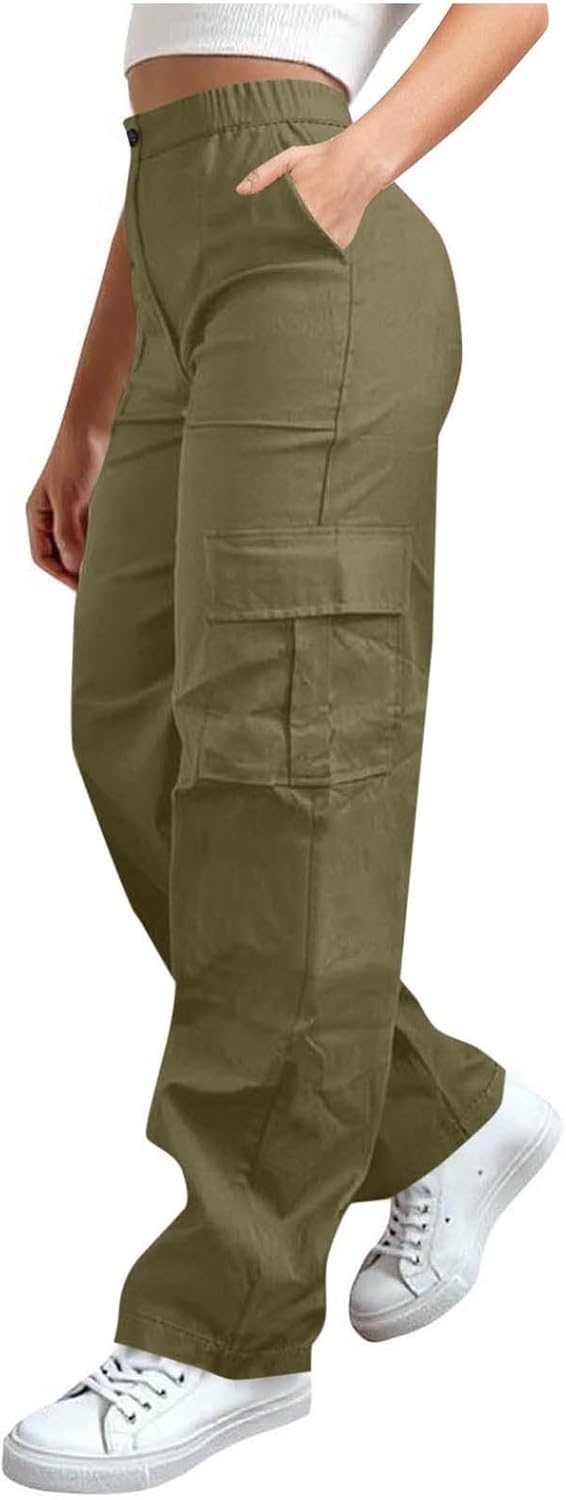 Cargo Pants Women Elastic High Waist Travel Pants Wide Leg Baggy Casual Trousers Hiking Streetwear with Multi Pockets
