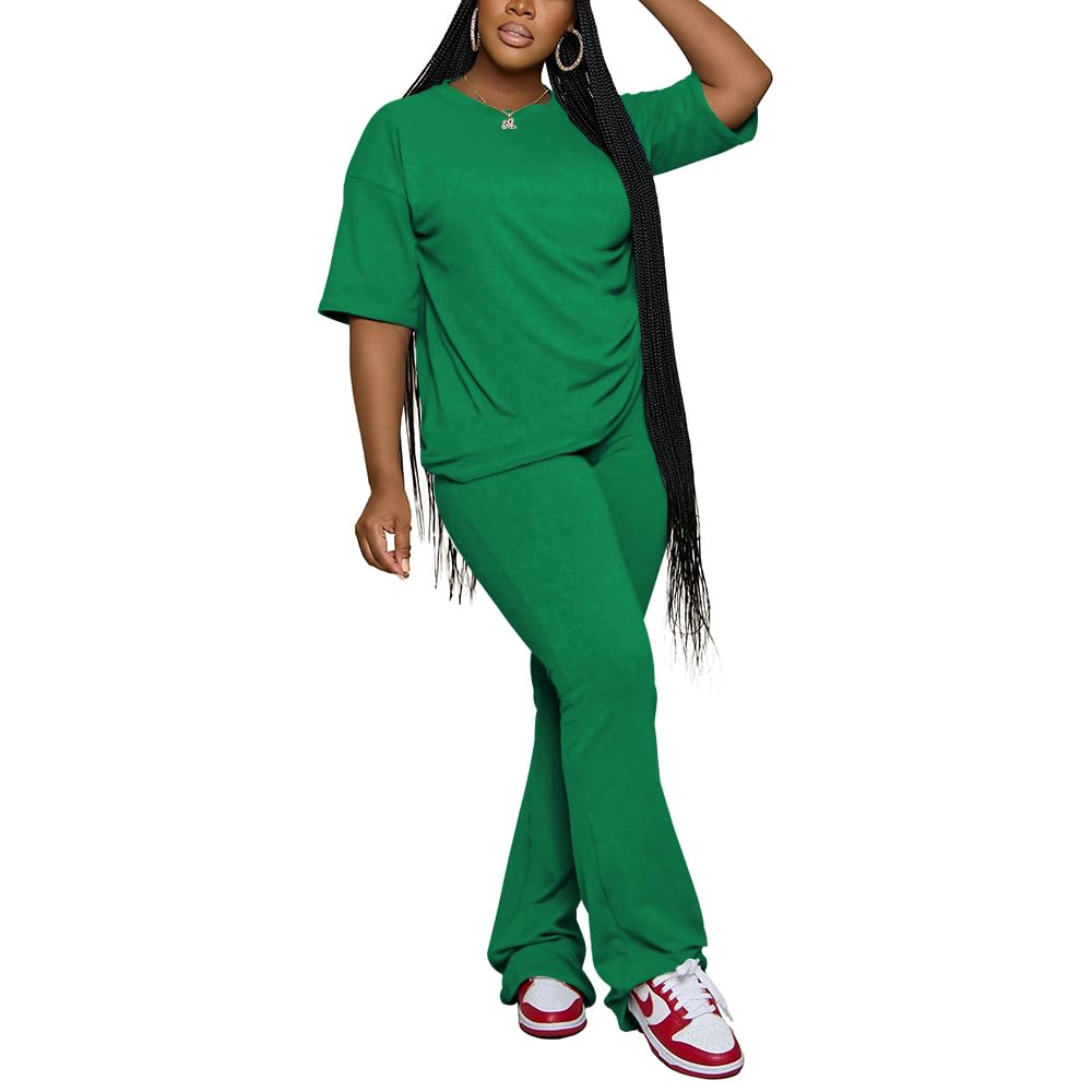 PINSV Women 2 Piece Outfits Short Sleeve Top and Flare Pants Lounge Sets Tracksuit
