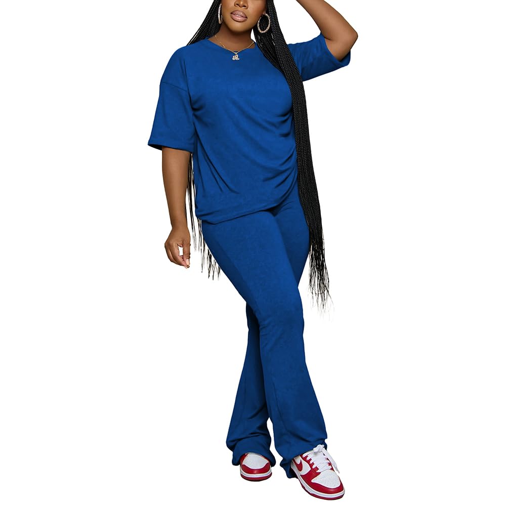 PINSV Women 2 Piece Outfits Short Sleeve Top and Flare Pants Lounge Sets Tracksuit