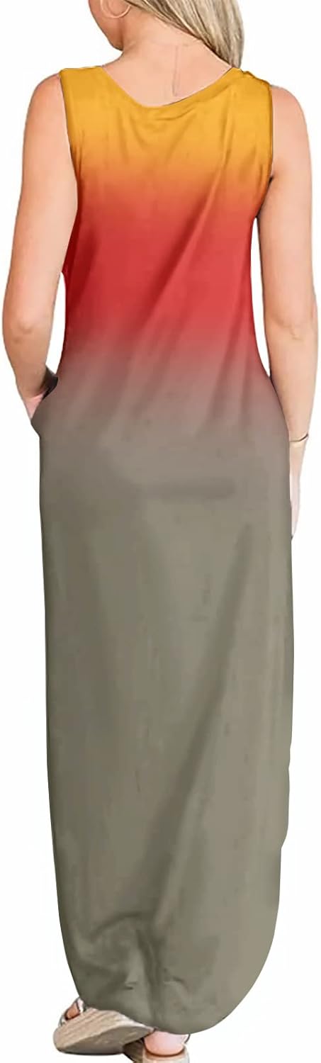FANDEE Women's Casual Summer Loose Sunresses Long Dresses Sleeveless Split Maxi Beach Dress with Pockets