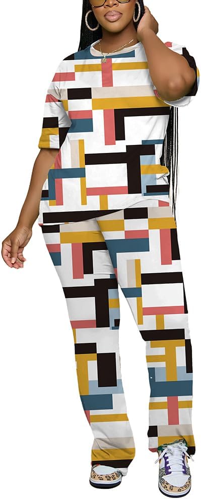 PINSV Women 2 Piece Outfits Short Sleeve Top and Flare Pants Lounge Sets Tracksuit