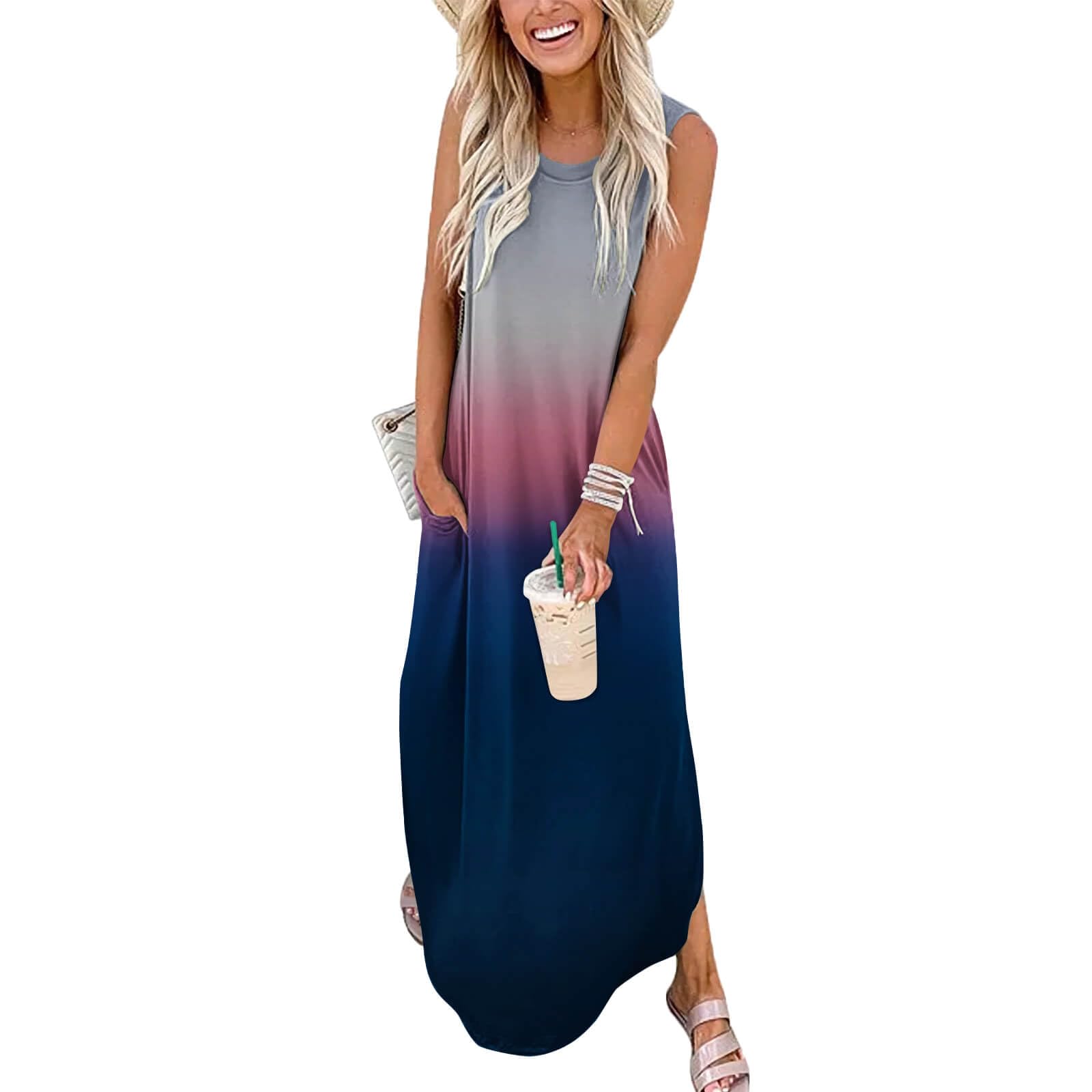 FANDEE Women's Casual Summer Loose Sunresses Long Dresses Sleeveless Split Maxi Beach Dress with Pockets