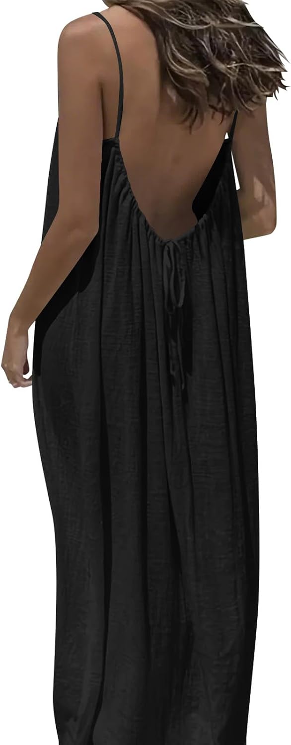 DOLKFU Summer Dresses for Women 2026 Vacation Spaghetti Strap Open Back House-Dress Sleeveless Backless Cami Dress Back Tie