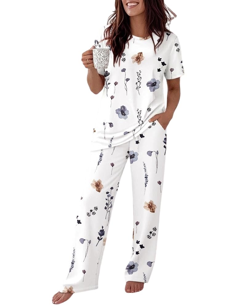 CHICME Womens Pajamas Sets 2 Piece Short Sleeve Lounge Set Printed Loose Pants Pj Sets Loungewear Set
