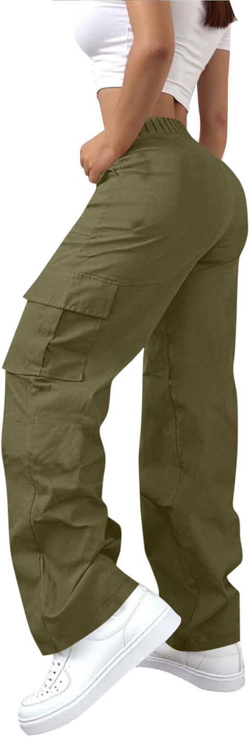 Cargo Pants Women Elastic High Waist Travel Pants Wide Leg Baggy Casual Trousers Hiking Streetwear with Multi Pockets