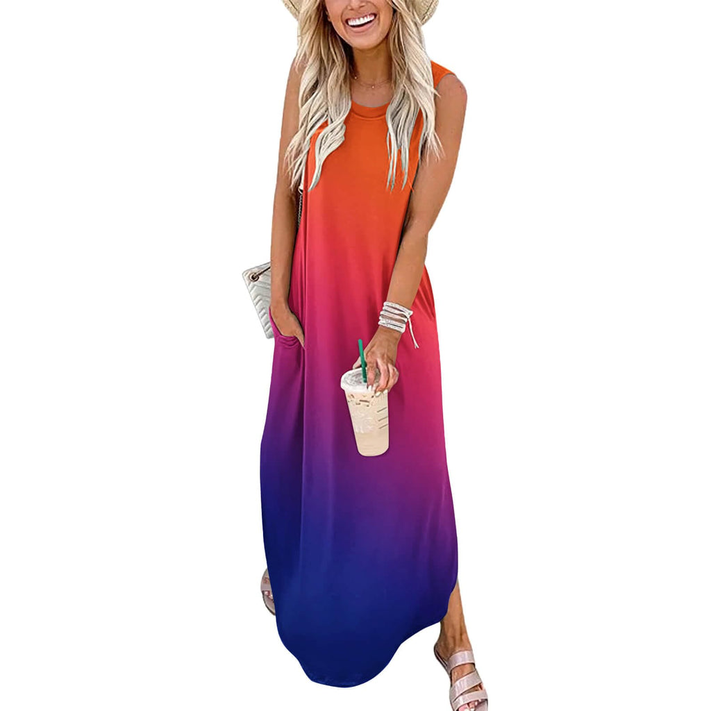 FANDEE Women's Casual Summer Loose Sunresses Long Dresses Sleeveless Split Maxi Beach Dress with Pockets
