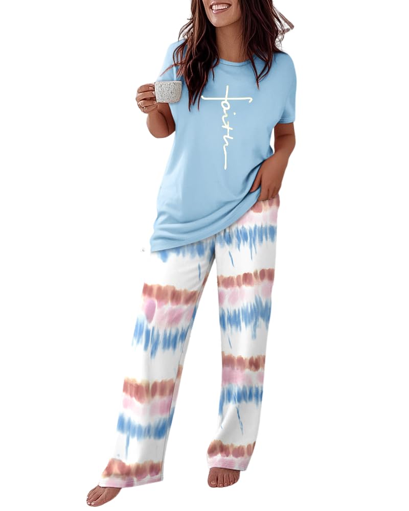 CHICME Womens Pajamas Sets 2 Piece Short Sleeve Lounge Set Printed Loose Pants Pj Sets Loungewear Set