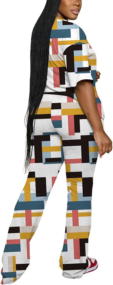 PINSV Women 2 Piece Outfits Short Sleeve Top and Flare Pants Lounge Sets Tracksuit