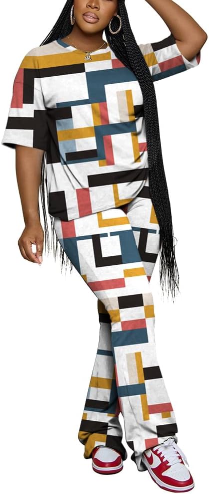 PINSV Women 2 Piece Outfits Short Sleeve Top and Flare Pants Lounge Sets Tracksuit