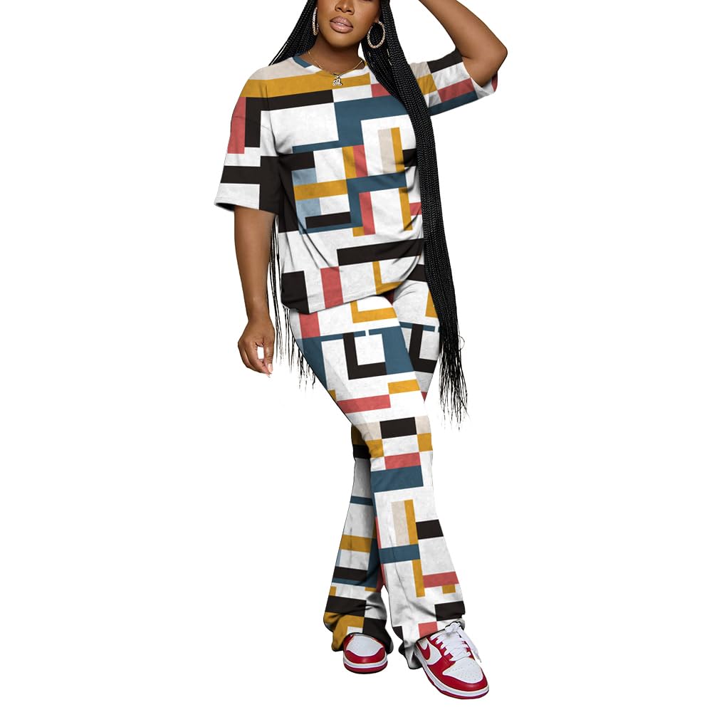 PINSV Women 2 Piece Outfits Short Sleeve Top and Flare Pants Lounge Sets Tracksuit