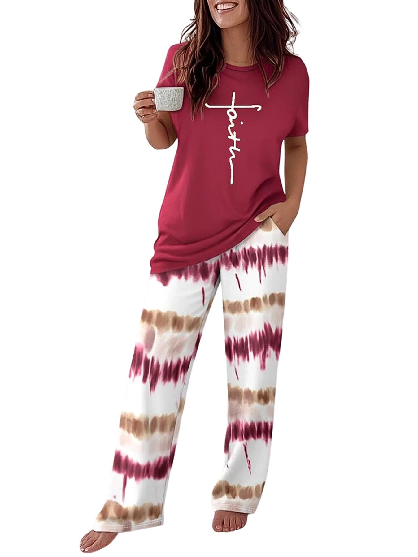 CHICME Womens Pajamas Sets 2 Piece Short Sleeve Lounge Set Printed Loose Pants Pj Sets Loungewear Set