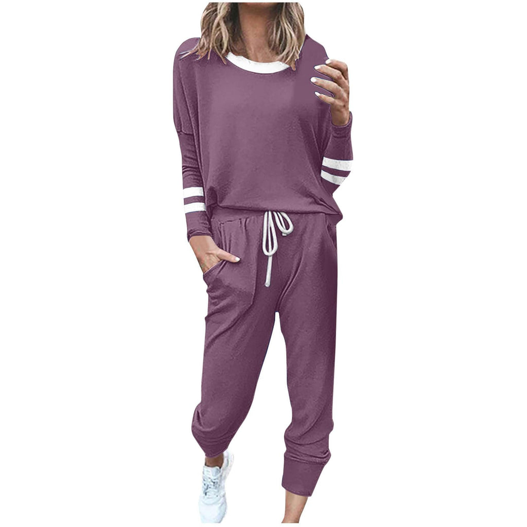 2 Piece Sweat Sets for Women Fall Outfits Long Sleeve Striped Tunic Tops Wide Leg Sweatpants Casual Lounge Sets