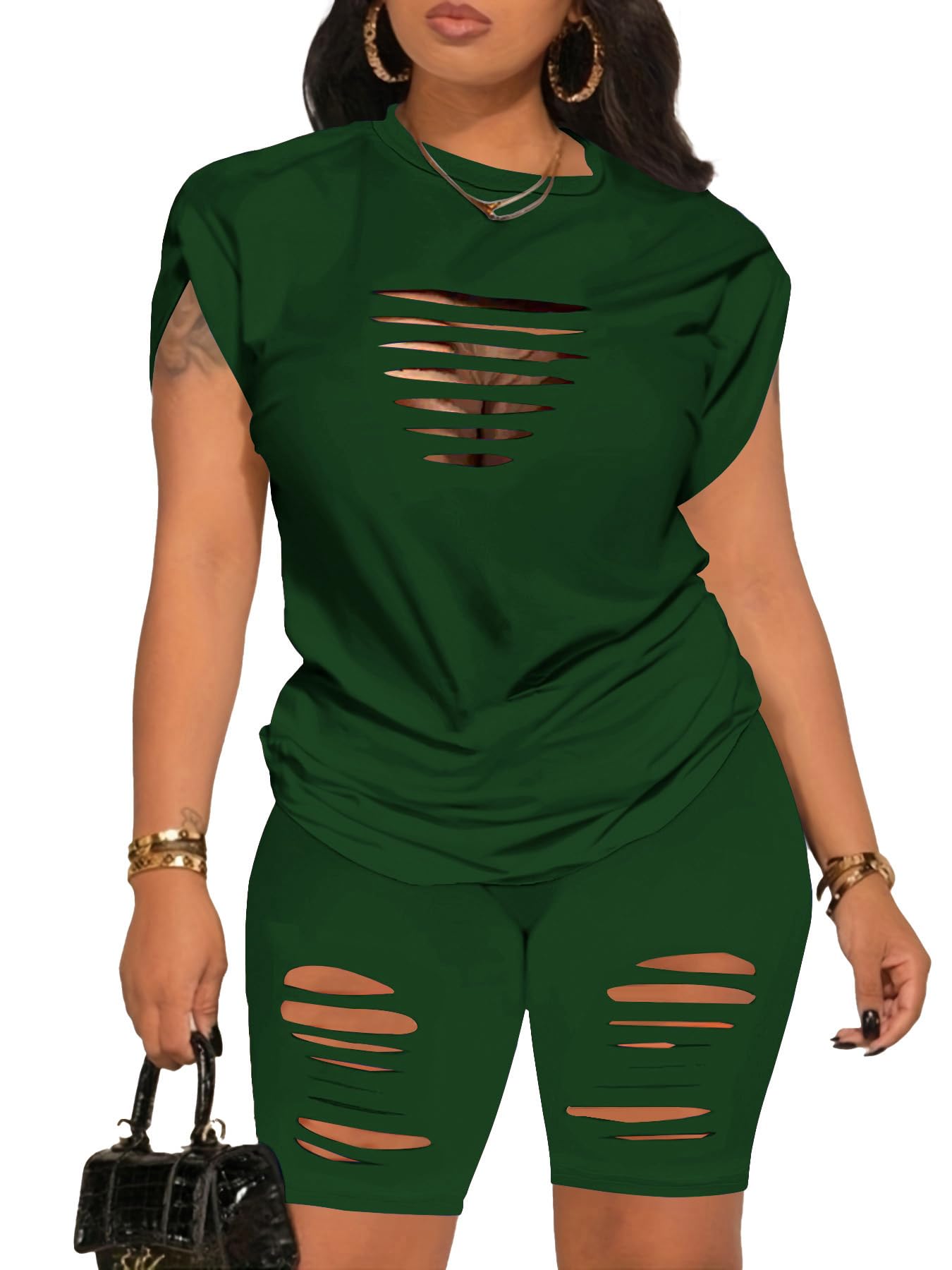 PINSV Women 2 Piece Outfits Summer Sweatsuits Biker Short Workout Jogger Sets