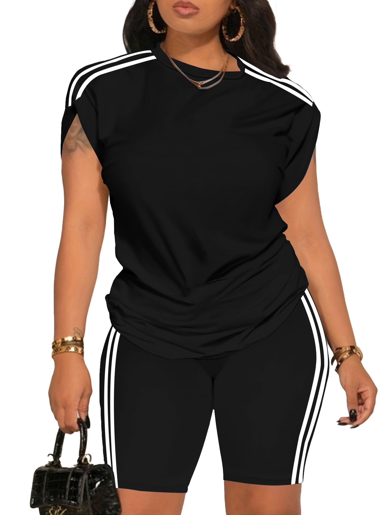 PINSV Women 2 Piece Outfits Summer Sweatsuits Biker Short Workout Jogger Sets