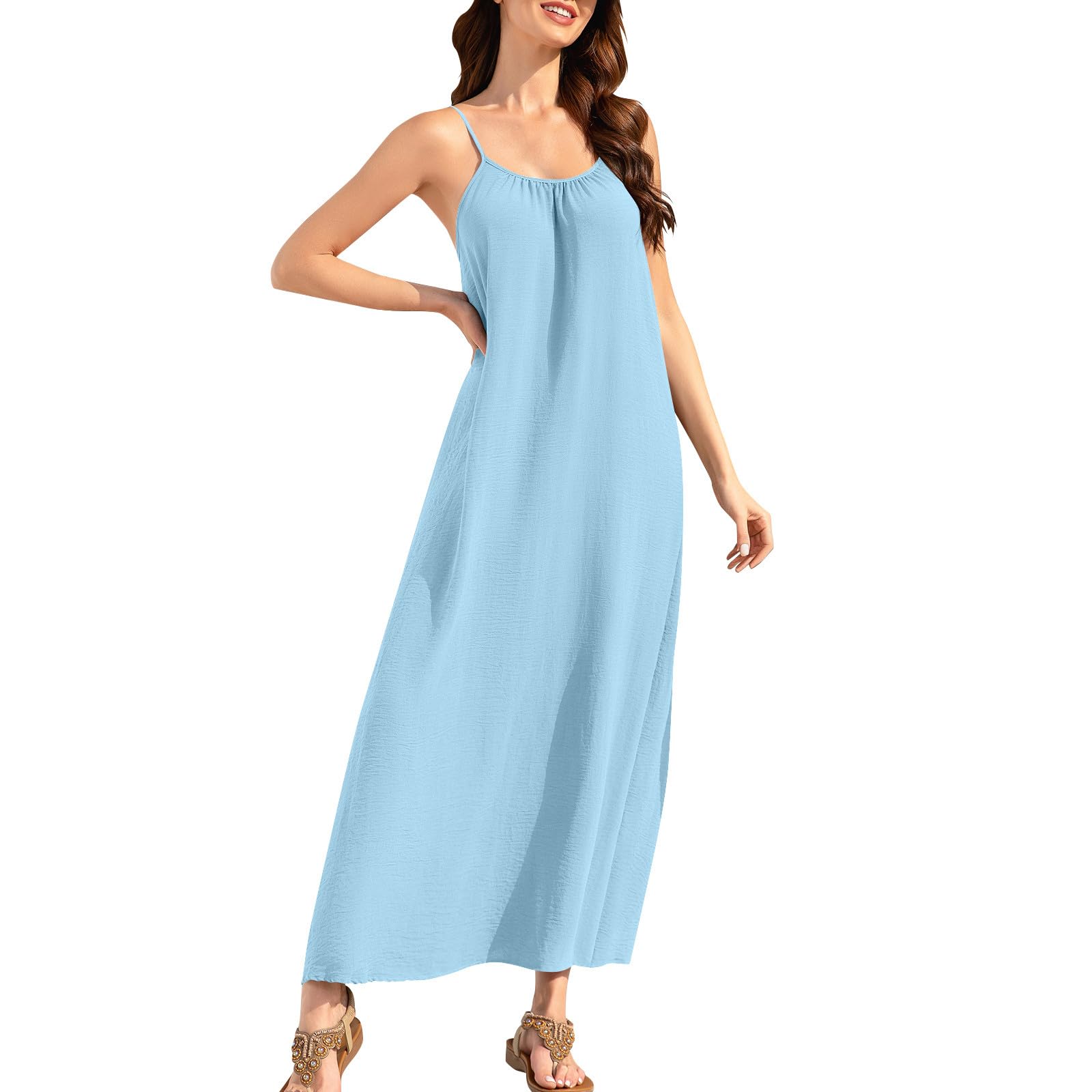 DOLKFU Summer Dresses for Women 2026 Vacation Spaghetti Strap Open Back House-Dress Sleeveless Backless Cami Dress Back Tie