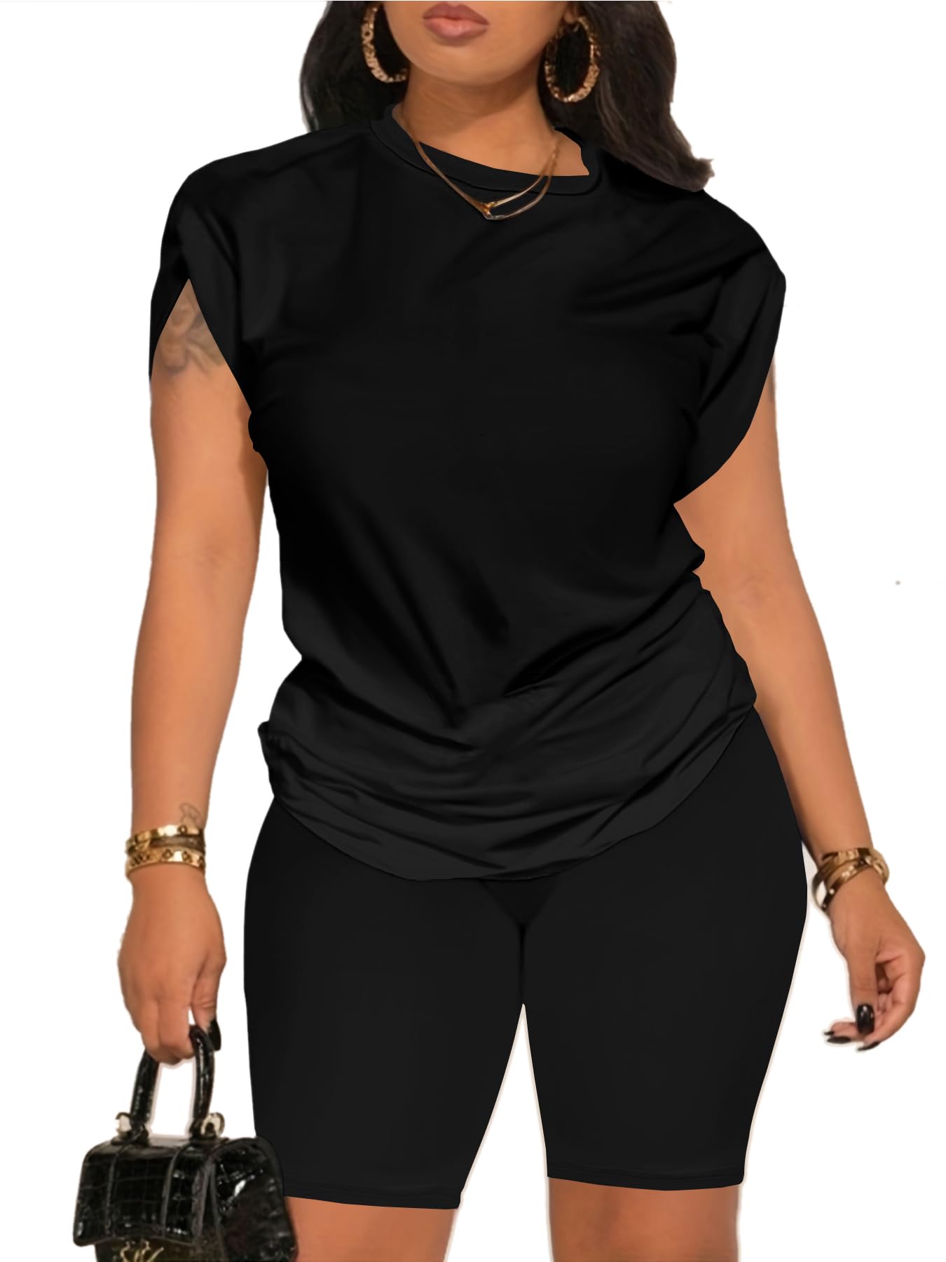 PINSV Women 2 Piece Outfits Summer Sweatsuits Biker Short Workout Jogger Sets