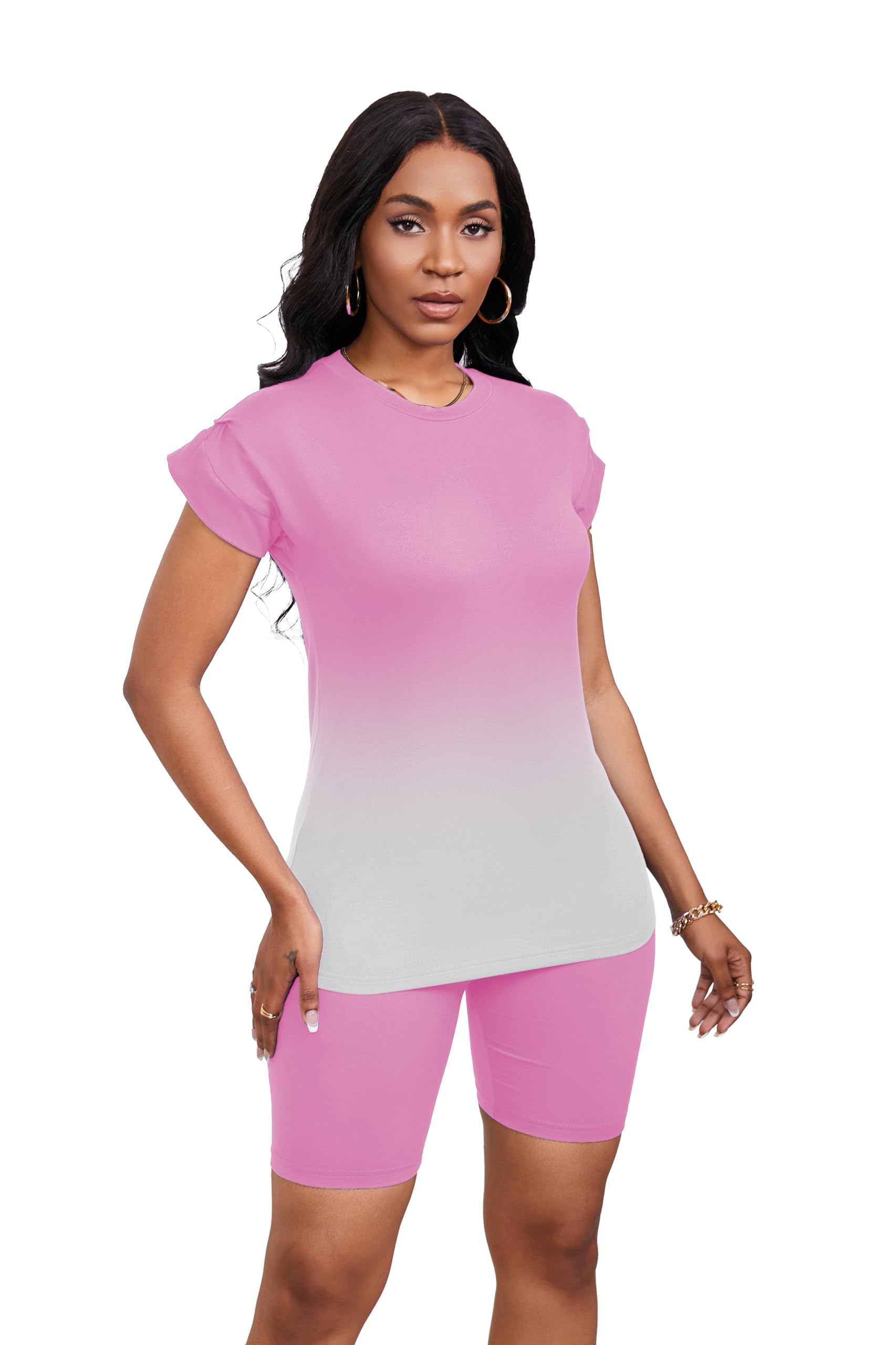 PINSV Women 2 Piece Outfits Summer Sweatsuits Biker Short Workout Jogger Sets