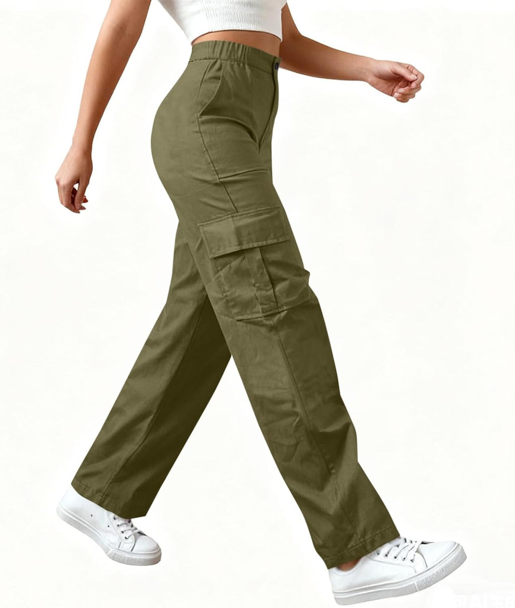 Cargo Pants Women Elastic High Waist Travel Pants Wide Leg Baggy Casual Trousers Hiking Streetwear with Multi Pockets