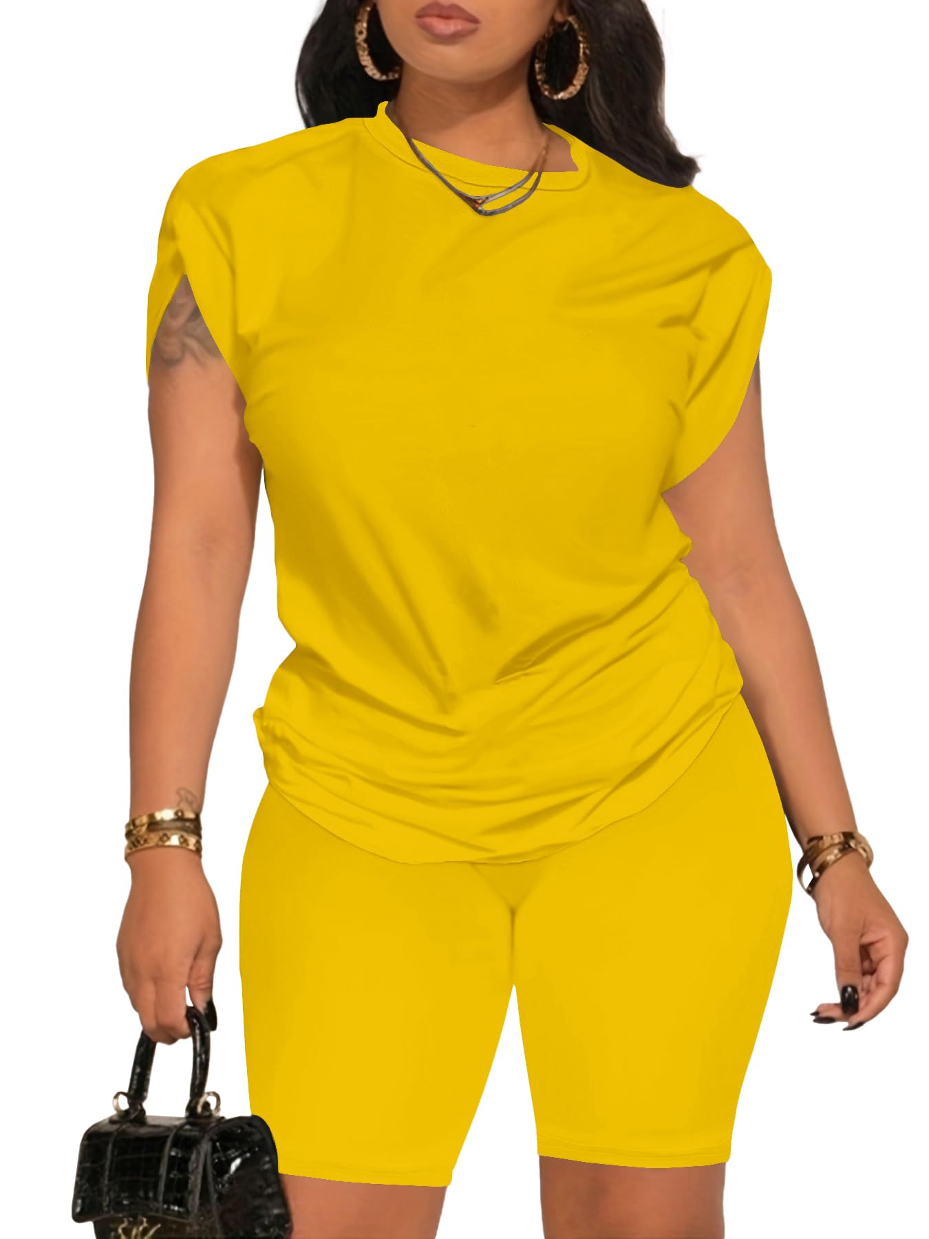 PINSV Women 2 Piece Outfits Summer Sweatsuits Biker Short Workout Jogger Sets