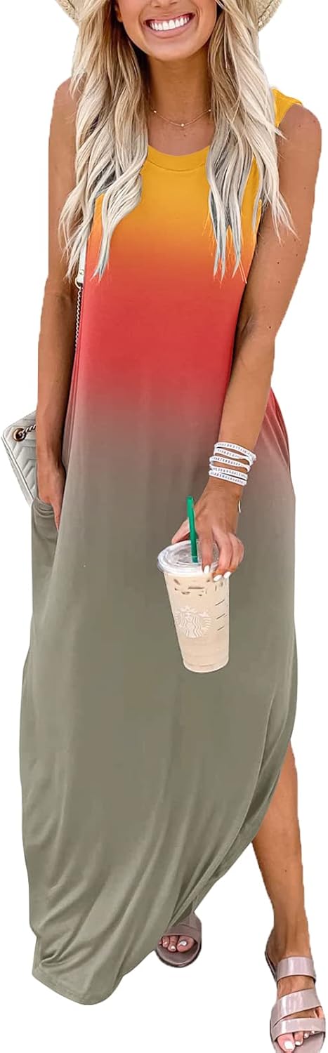 FANDEE Women's Casual Summer Loose Sunresses Long Dresses Sleeveless Split Maxi Beach Dress with Pockets