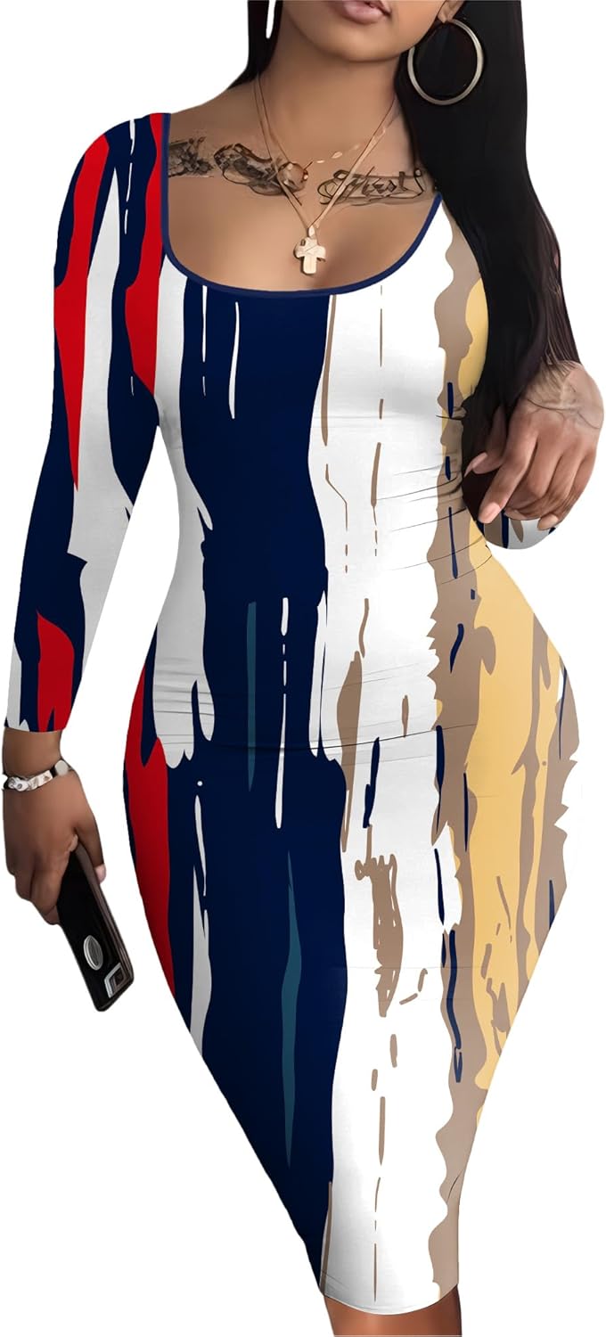 Nimsruc Womens Autumn Casual Sexy Long Sleeves Bodycon Dress Basic Pencil Midi Club Dresses