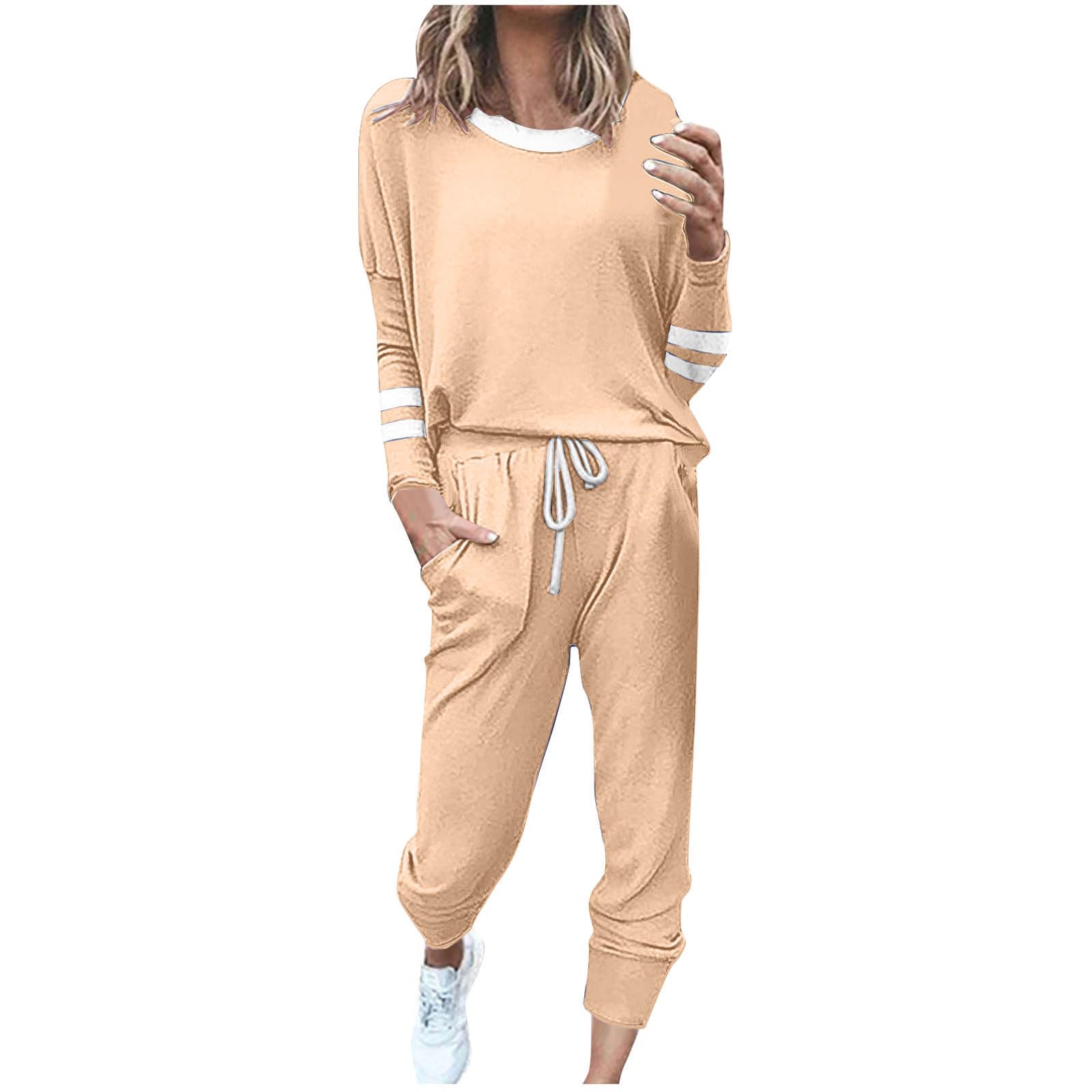 2 Piece Sweat Sets for Women Fall Outfits Long Sleeve Striped Tunic Tops Wide Leg Sweatpants Casual Lounge Sets