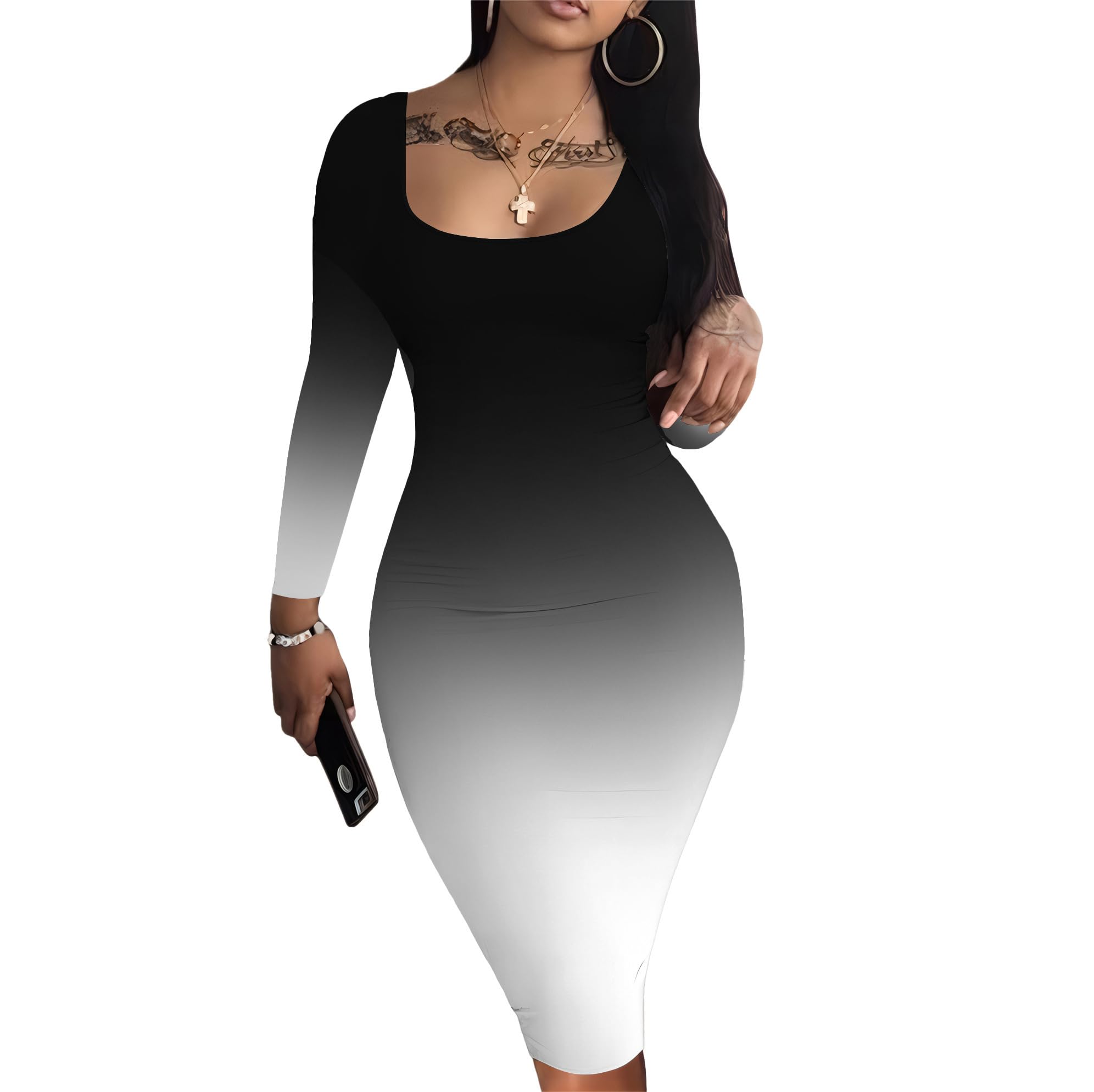 Nimsruc Womens Autumn Casual Sexy Long Sleeves Bodycon Dress Basic Pencil Midi Club Dresses