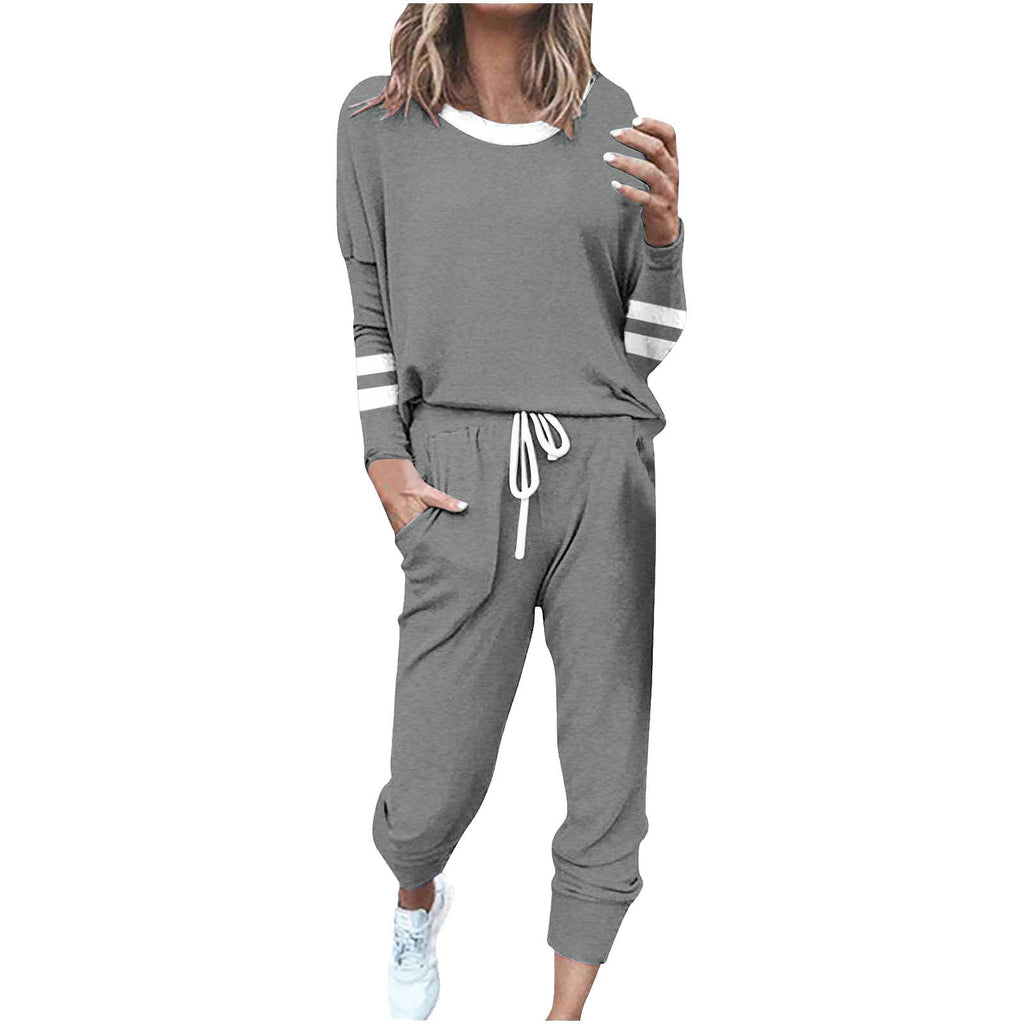 2 Piece Sweat Sets for Women Fall Outfits Long Sleeve Striped Tunic Tops Wide Leg Sweatpants Casual Lounge Sets