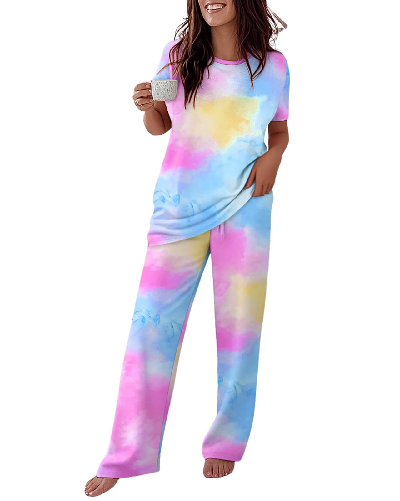 CHICME Womens Pajamas Sets 2 Piece Short Sleeve Lounge Set Printed Loose Pants Pj Sets Loungewear Set