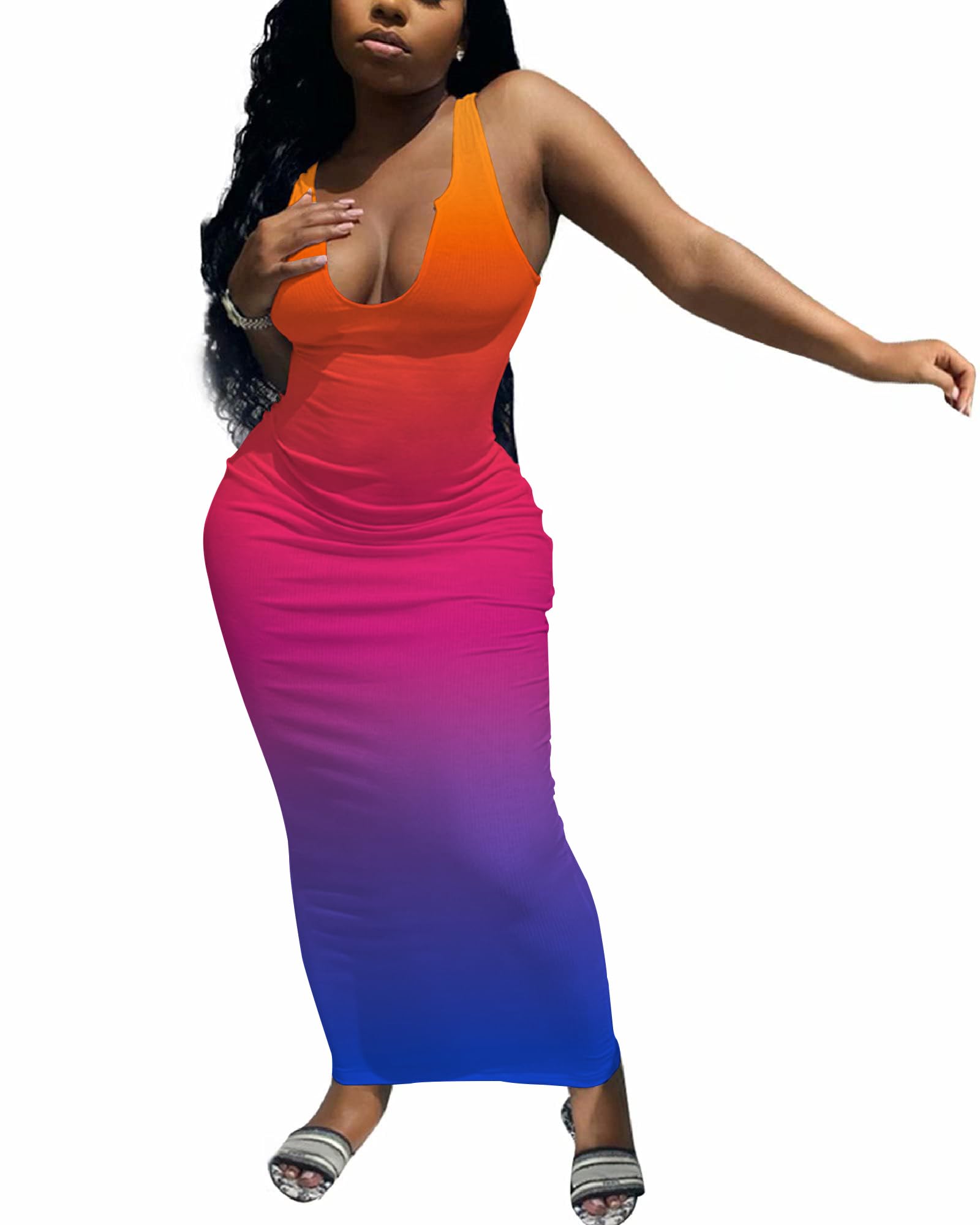 Nimsruc Women Casual Sexy Deep U Neck Tank Top Bodycon Dress Summer Sleeveless Wrap Long Basic Party Club Maxi Dresses